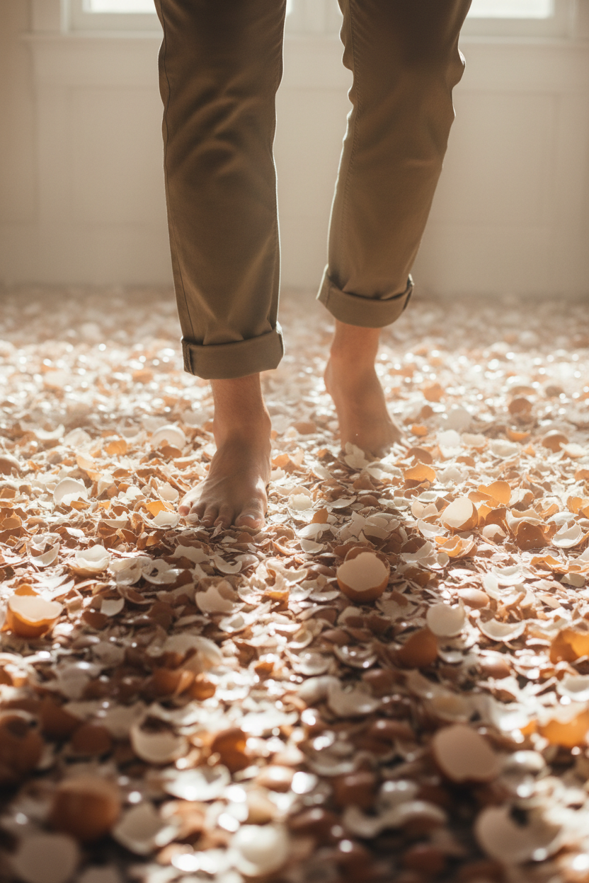 Man walking on eggshells representing perimenopause partner stress and Peri-Flux symptoms by Christina Mitchell Verve and Verse